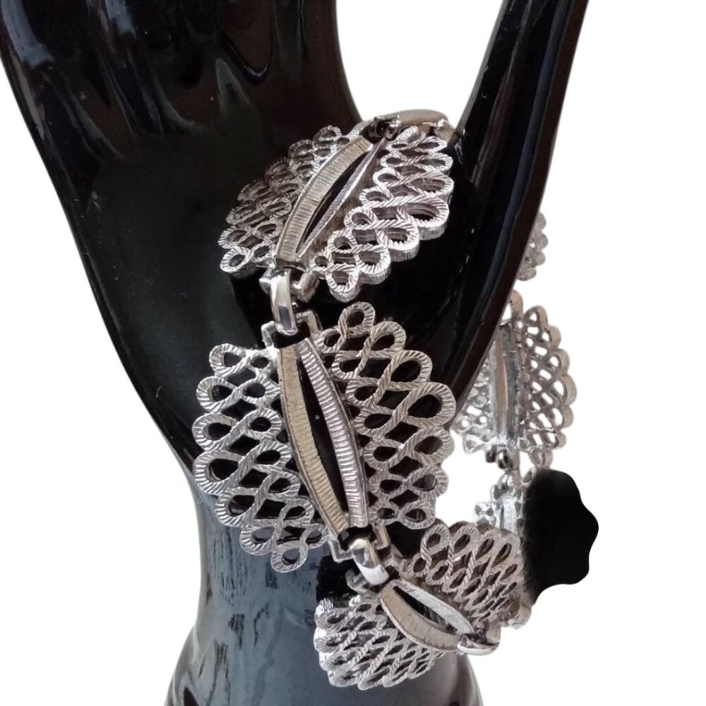Vintage CORO Silver Tone Bracelet Filigree Wide Band